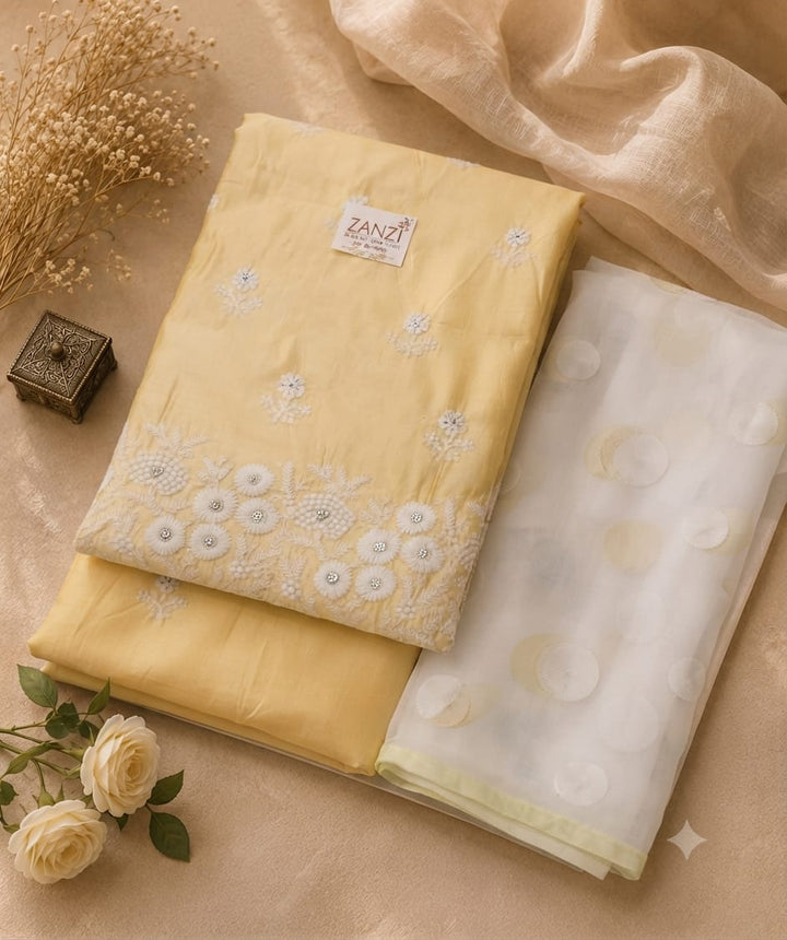 Women's Pastel Yellow Embroidered Kurta Set with Organza Dupatta | Premium Ethnic Wear