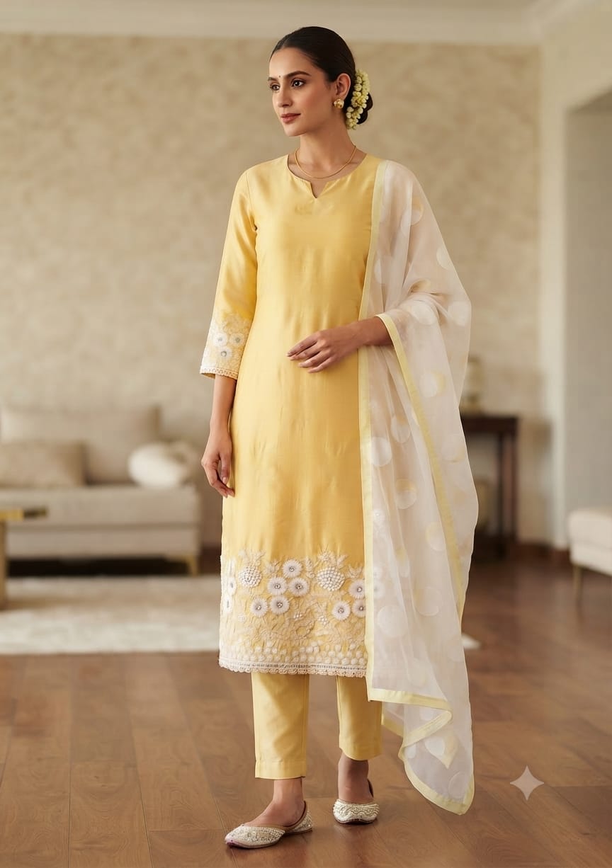 Women's Pastel Yellow Embroidered Kurta Set with Organza Dupatta | Premium Ethnic Wear
